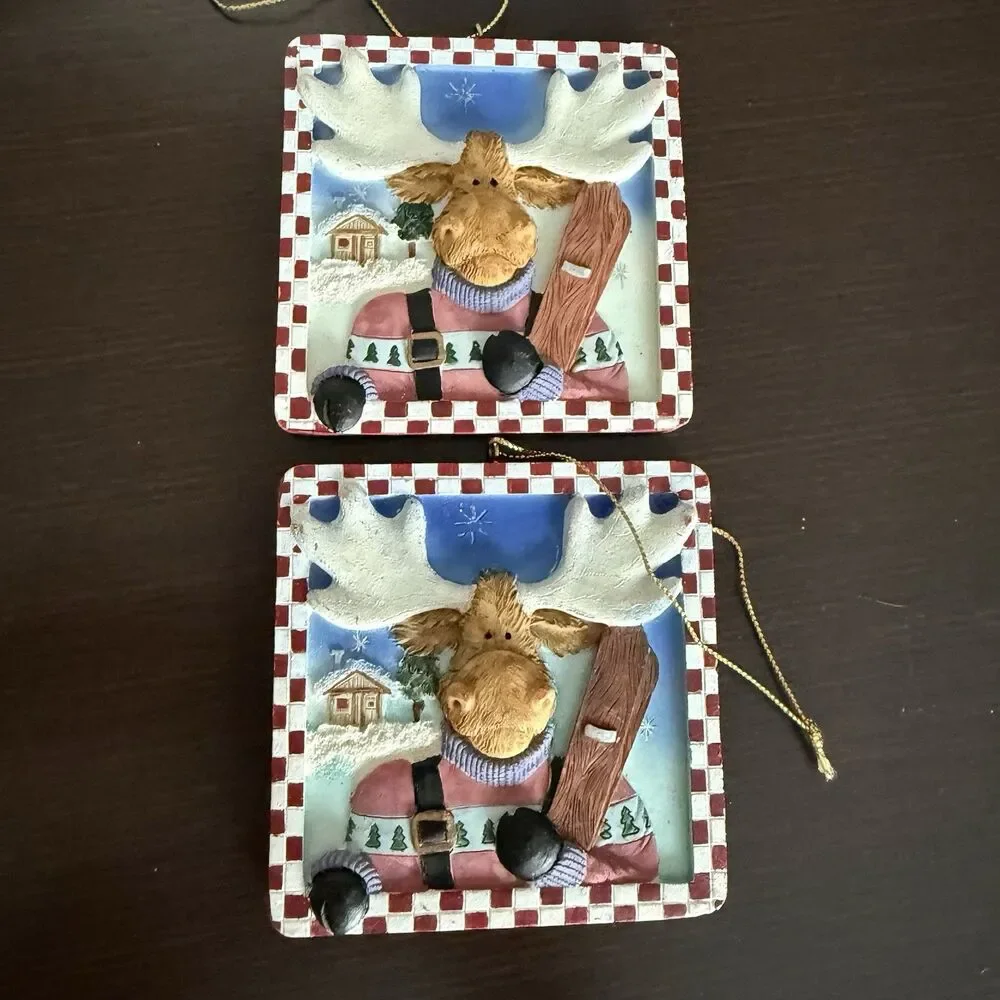 2 VINTAGE CHRISTMAS SKI MOOSE SQUARE ORNAMENT CERAMIC 3.5in Sq